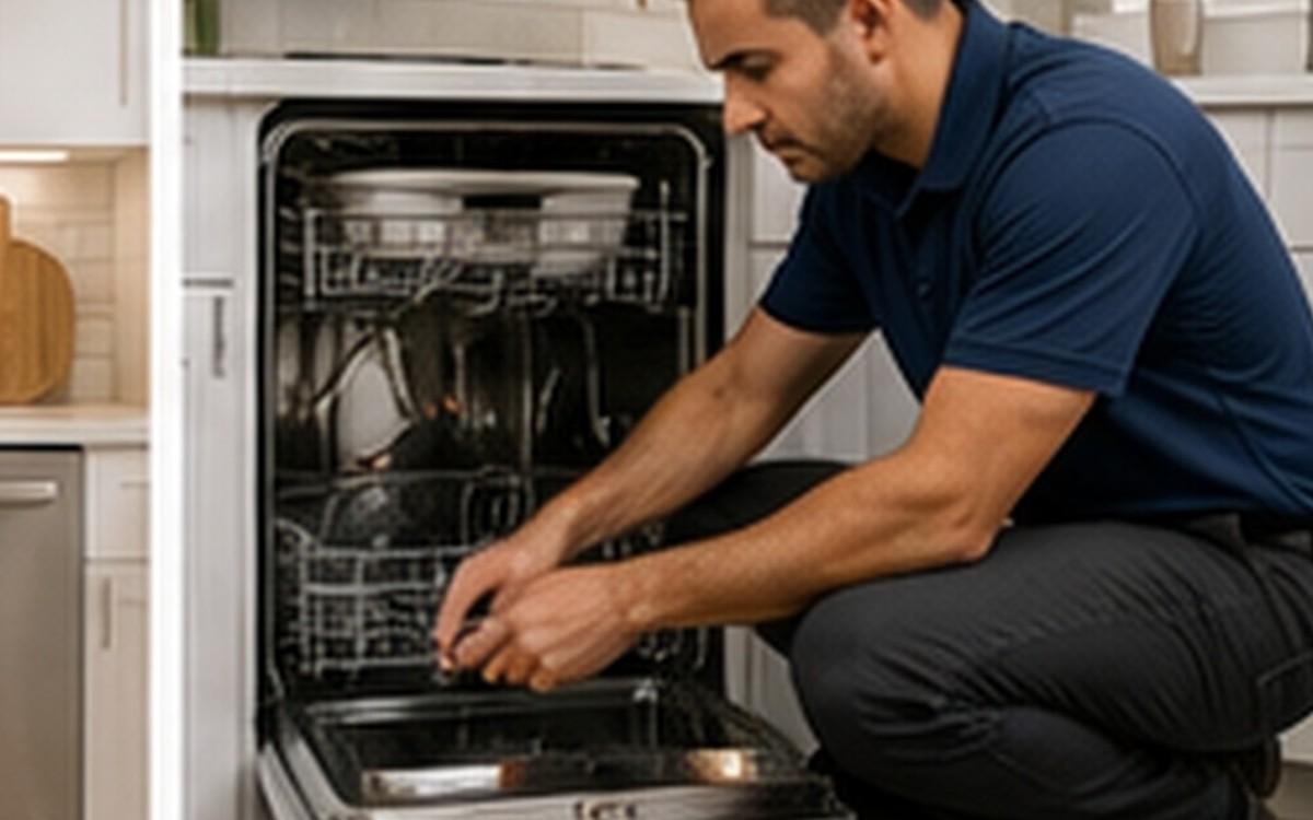 A technician repairing an open dishwasher in a kitchen