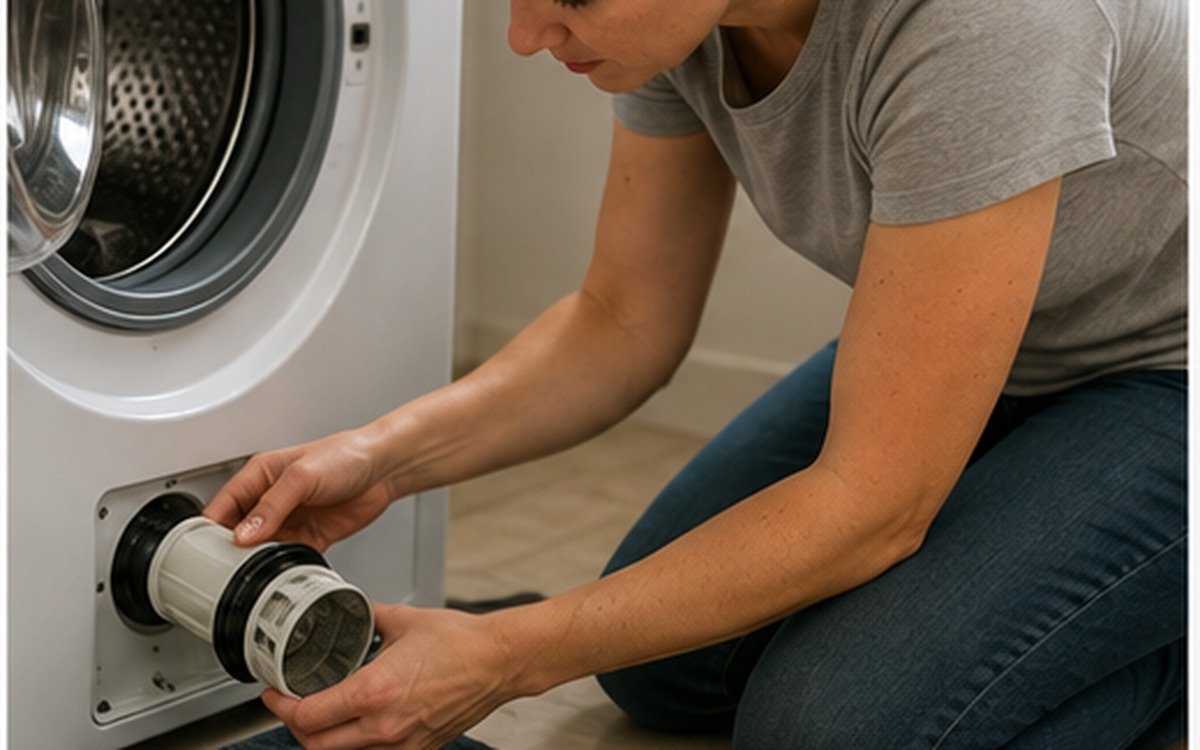 A person kneeling in front of an open washing machine checking the drain filter