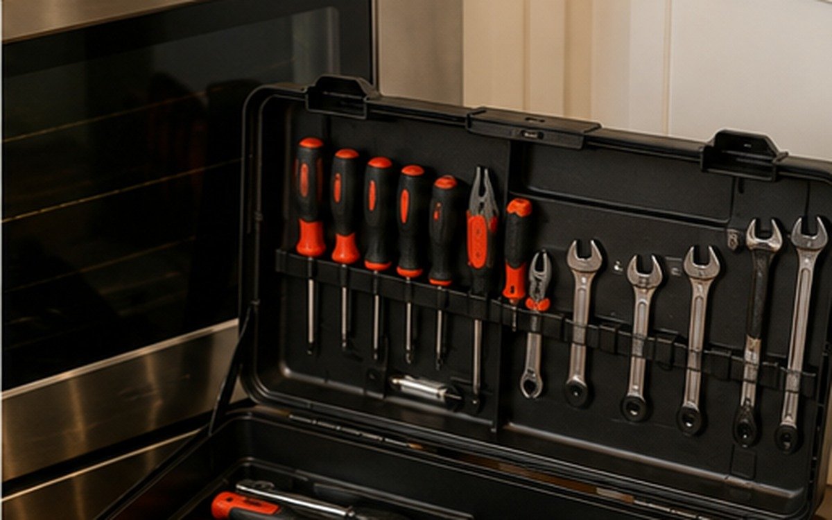 A toolbox open on a kitchen floor with tools neatly organized