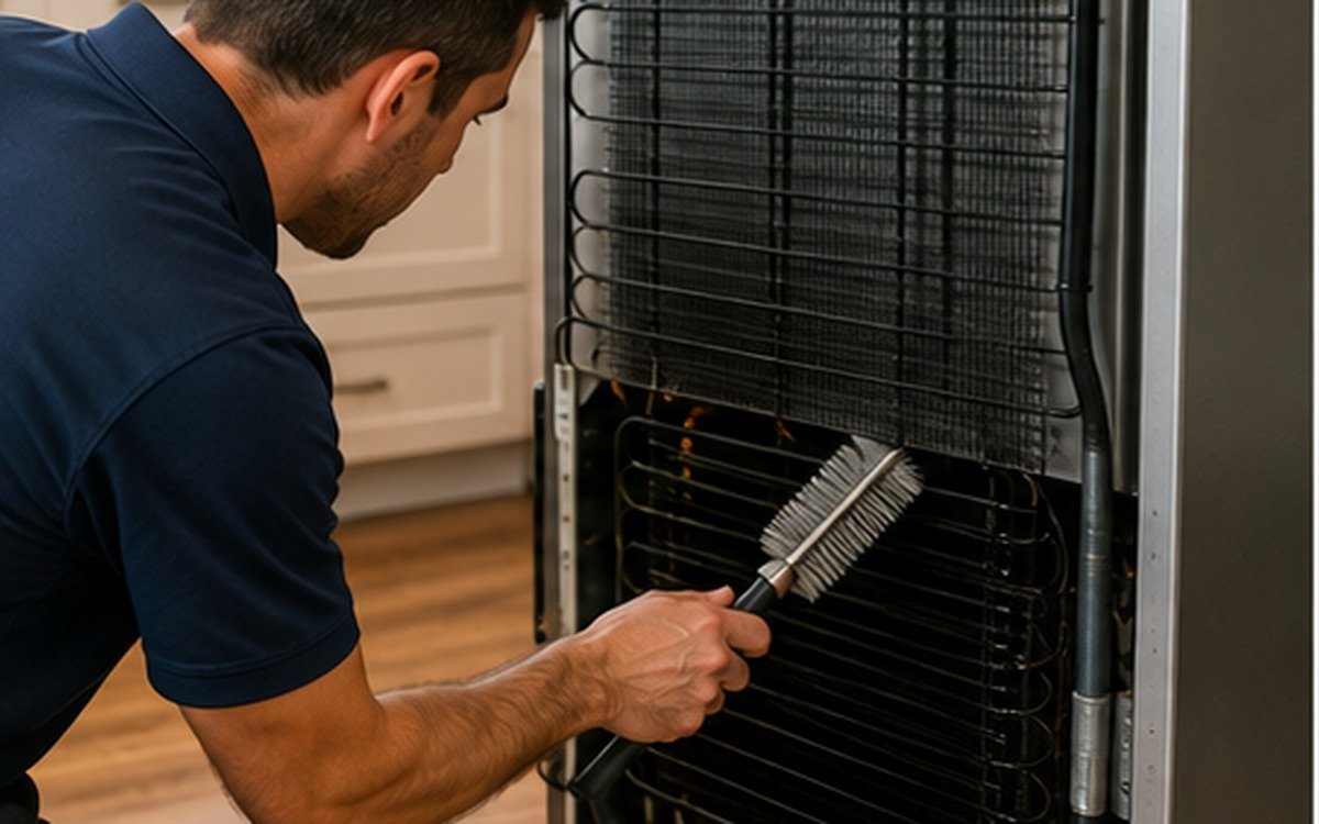 A technician cleaning refrigerator condenser coils with a brush