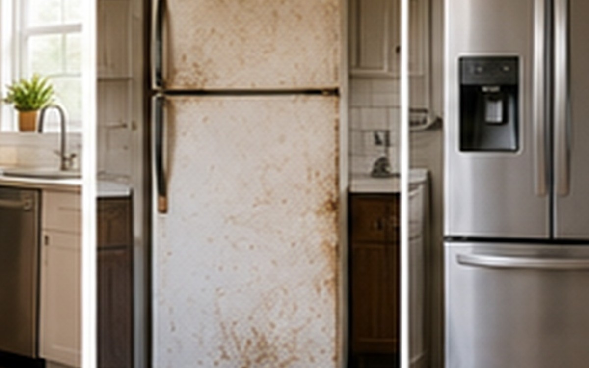 An old worn refrigerator next to a new stainless steel refrigerator