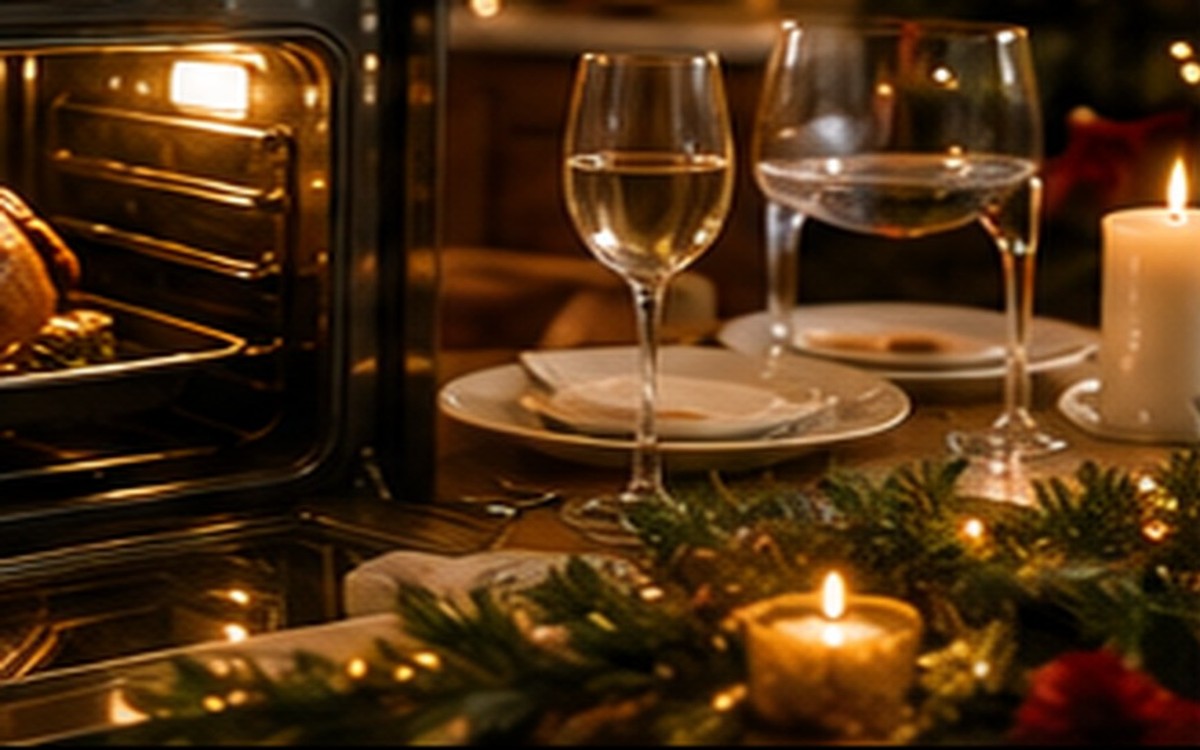A holiday dinner table set near an open oven with a turkey inside