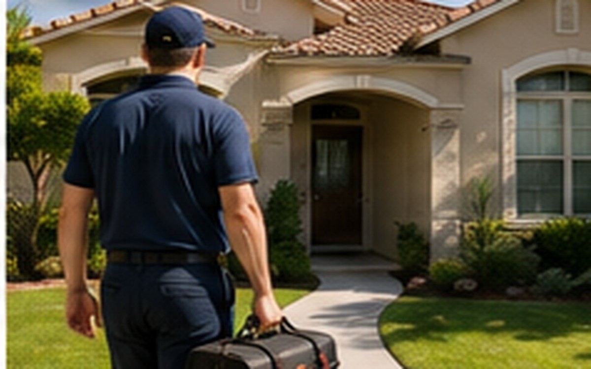 A technician walking toward a home with a toolbox
