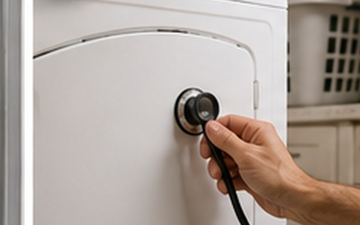 A technician listening to a running dryer with a diagnostic tool