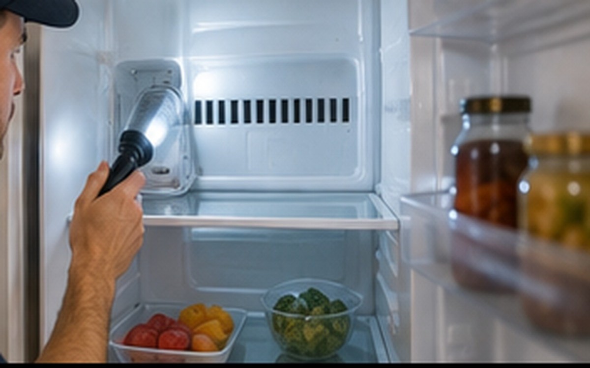 A technician shining a flashlight into an open refrigerator