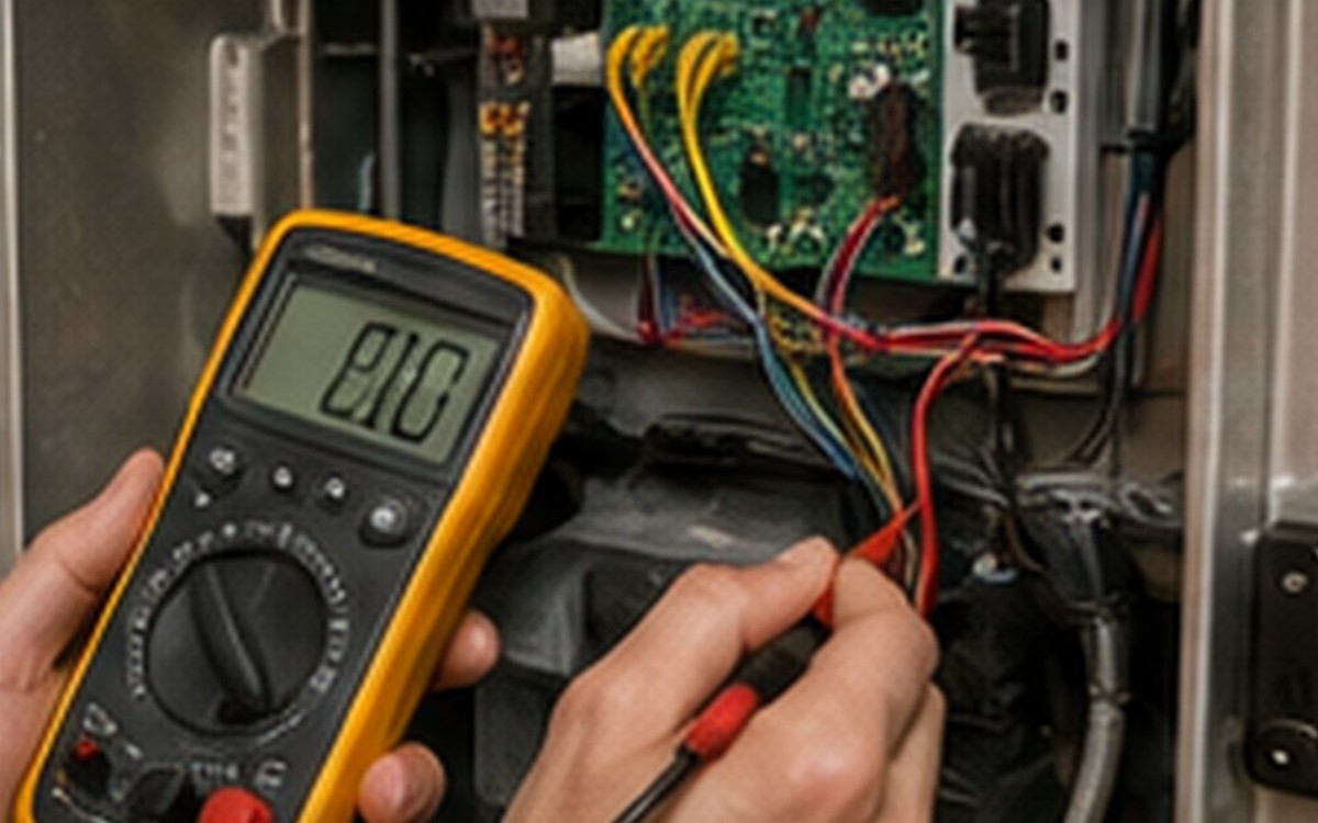 A technician using a multimeter to test a refrigerator control panel