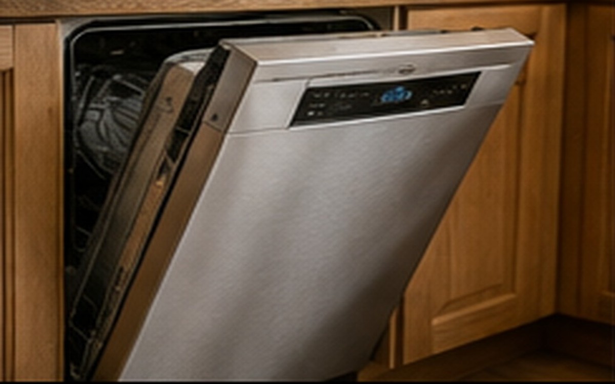 A stainless steel dishwasher installed in a kitchen