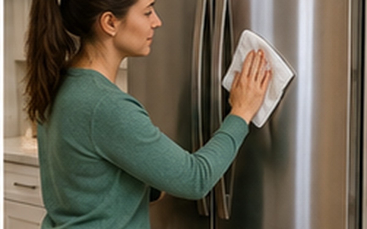A person wiping down a stainless steel refrigerator door