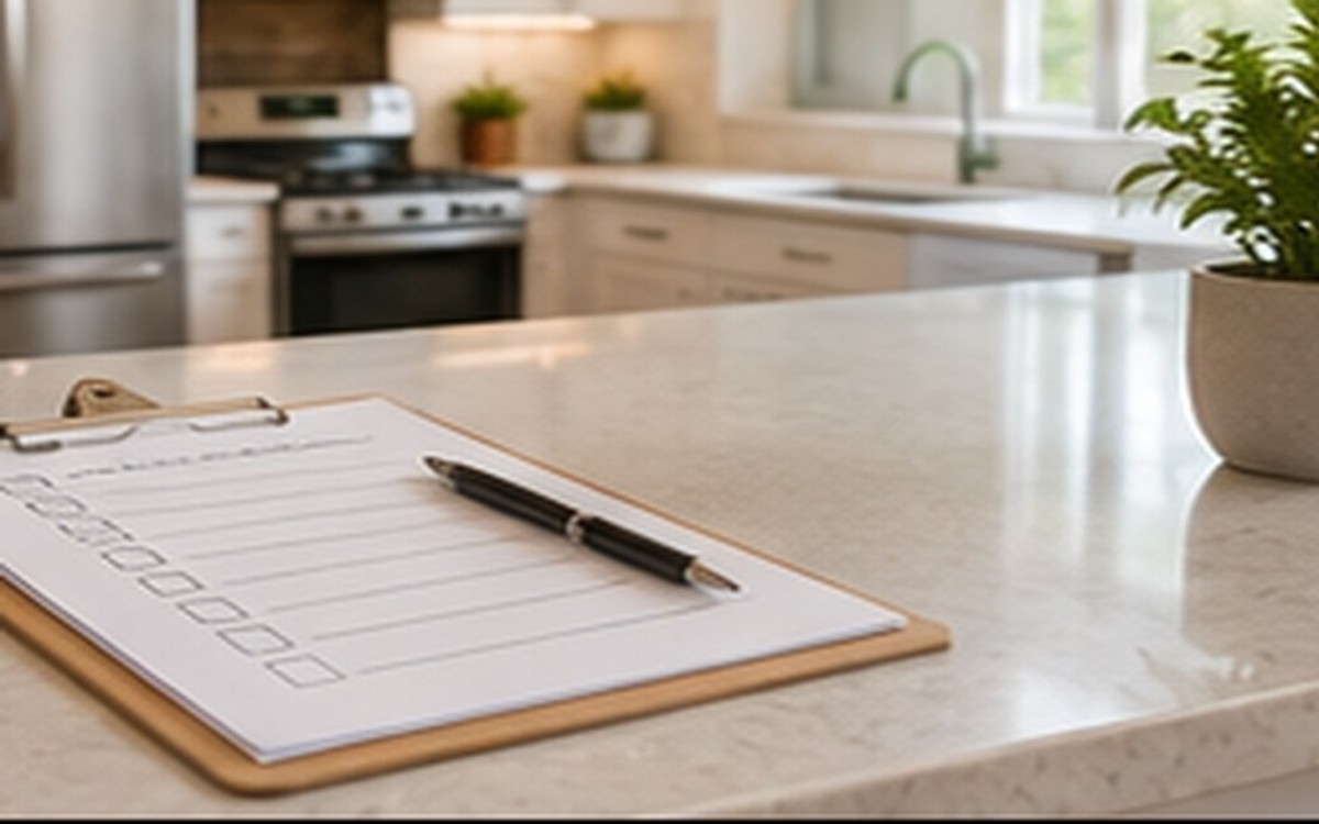 A maintenance checklist on a clipboard on a kitchen counter