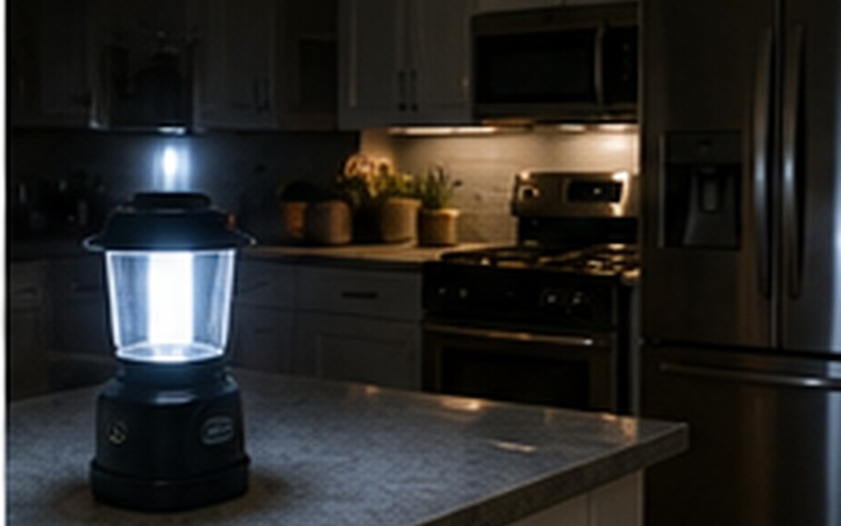 A battery lantern lighting a dark kitchen during a power outage