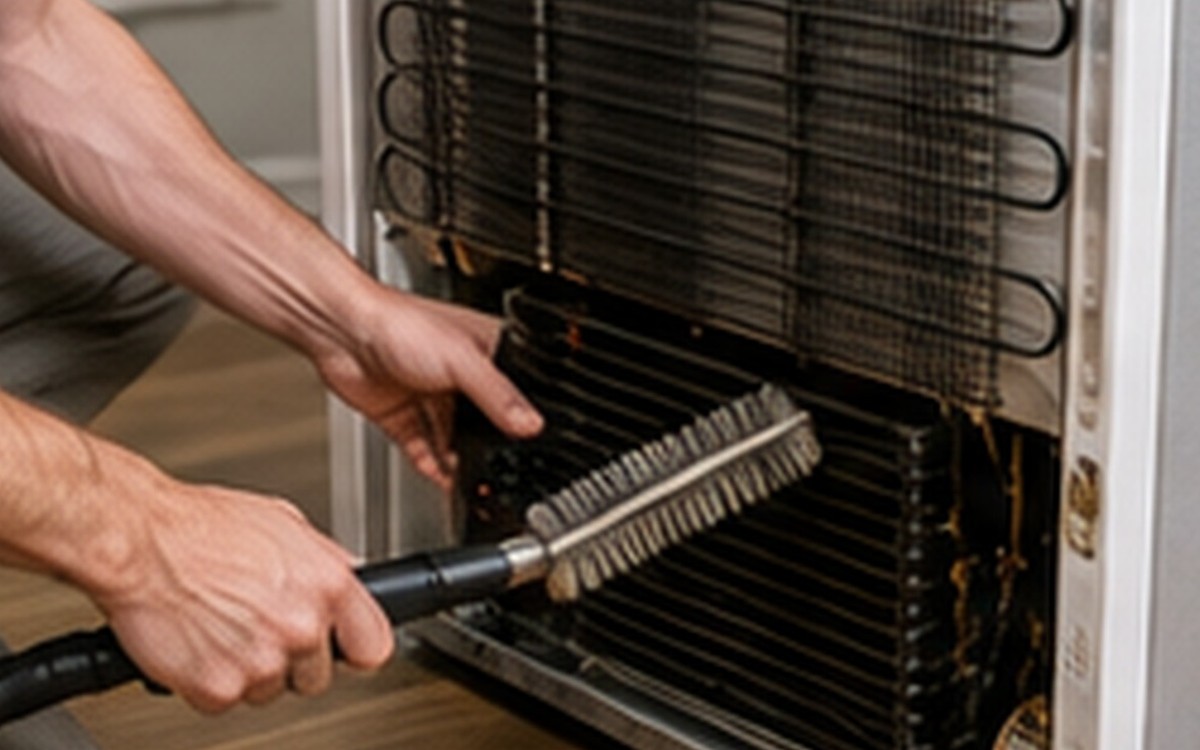 A hand cleaning the condenser coils behind a pulled-out refrigerator