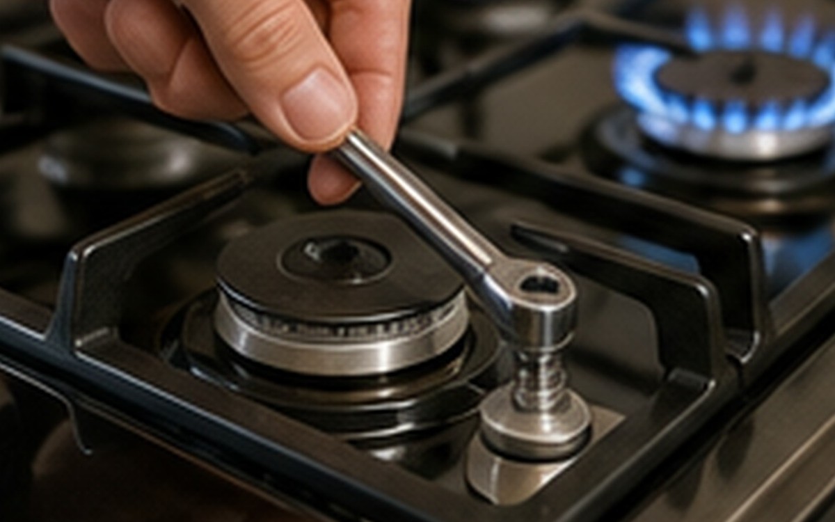 A hand adjusting a gas stove burner knob