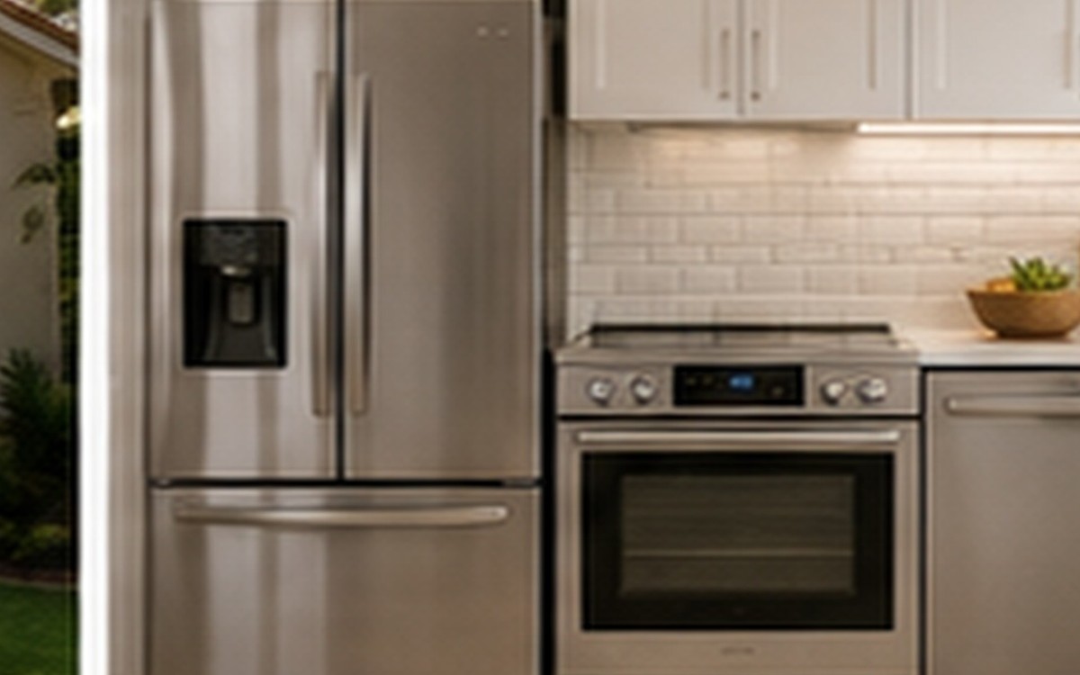 A modern kitchen showcasing a matched set of stainless steel appliances