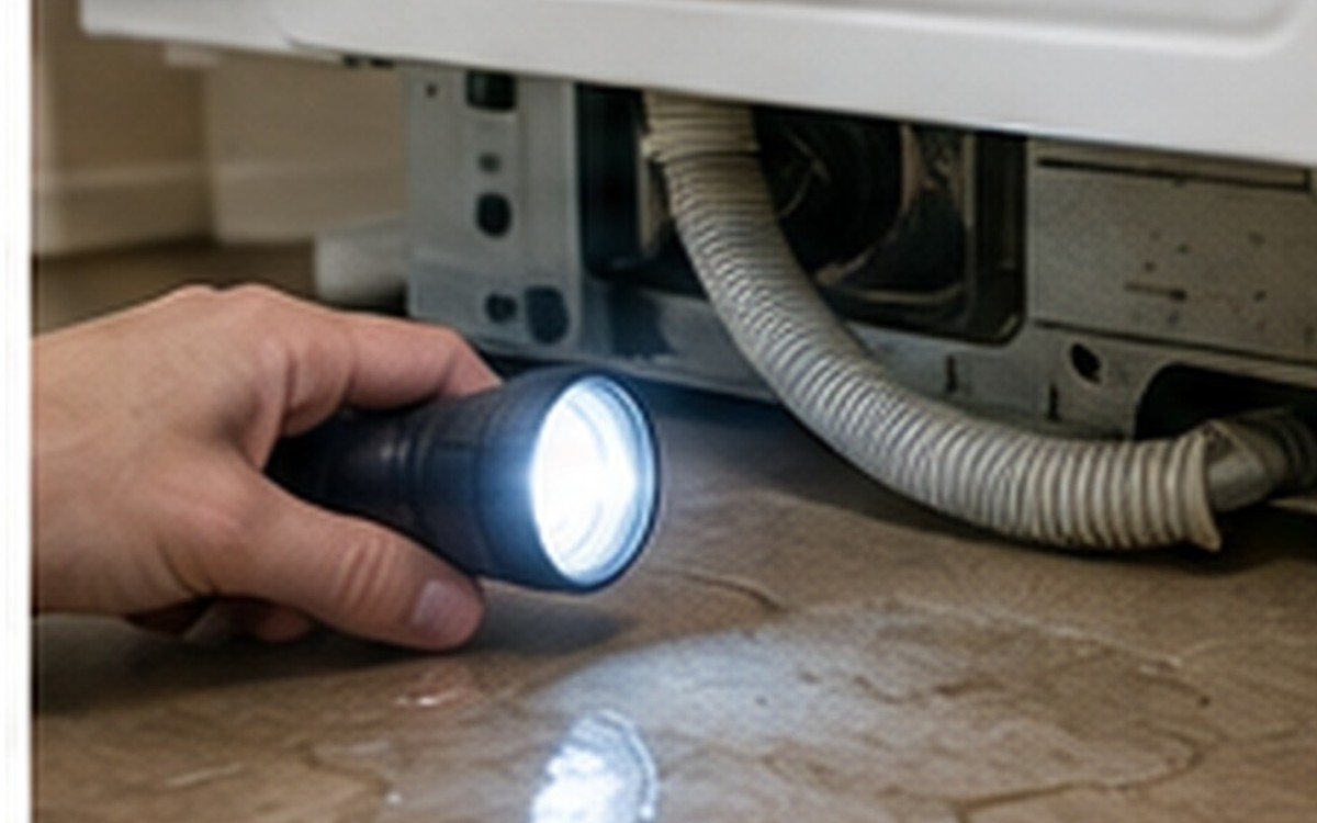 A flashlight illuminating water pooling near a washing machine hose