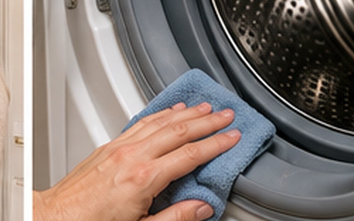A hand wiping down the rubber door gasket of a front-load washing machine